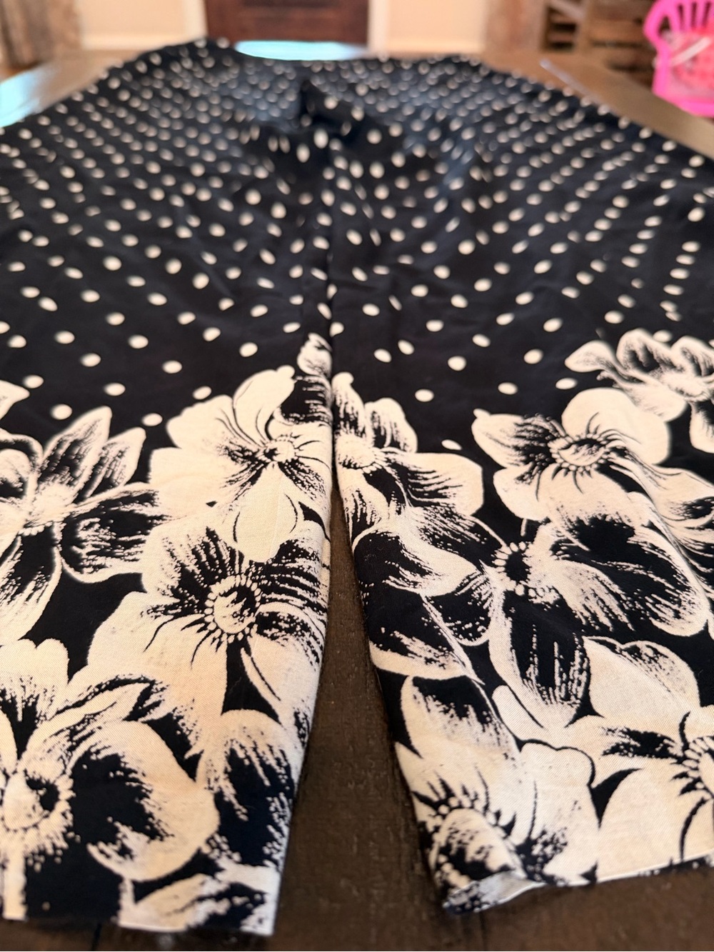 Anthropologie Black Polka Dot Wide-Leg Pants with Cream Floral Border - Picture 9 of 10